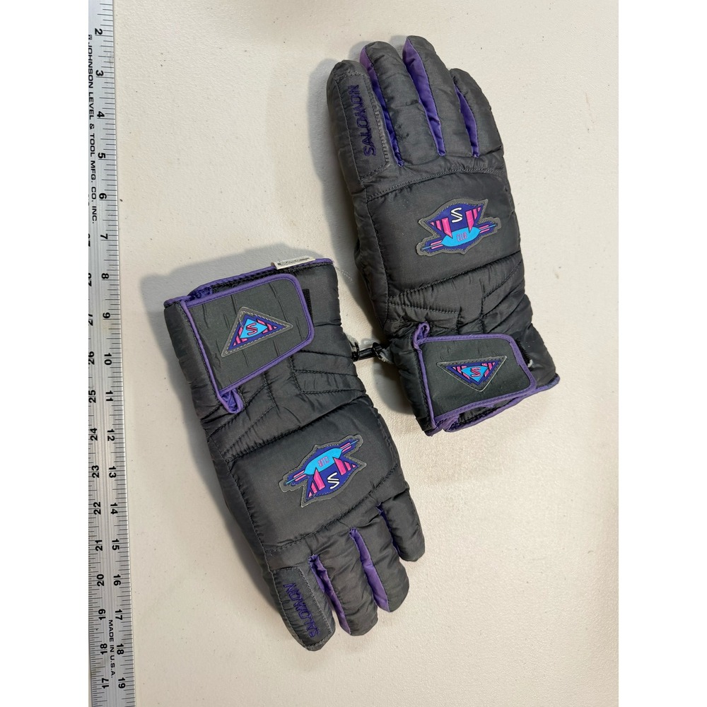 Salomon SG 700 Club Graphite Vintage Ski Gloves Grey Purple Neon XS Retro 90s